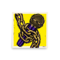 'Chained Mic' — a Pop art print. A bold pop art illustration of a purple microphone wrapped in a gold chain against a bright yellow background, ideal for a music studio.