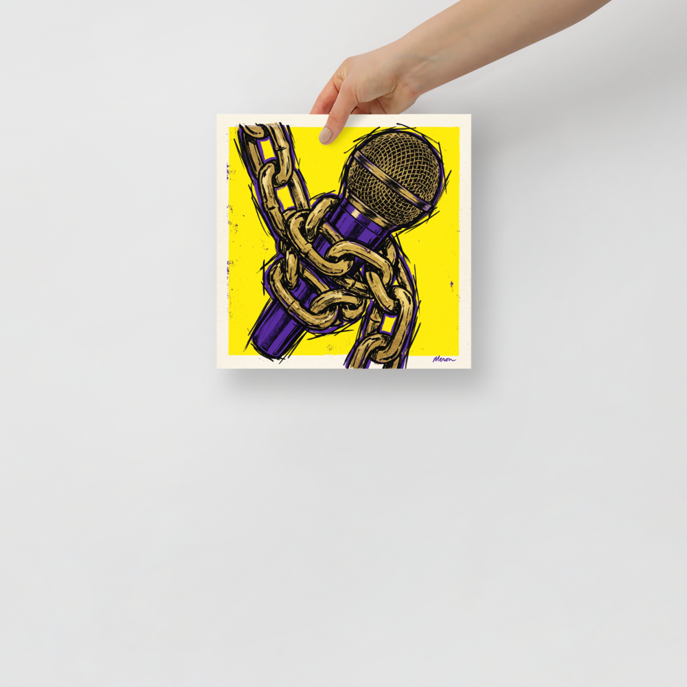 'Chained Mic' — a Pop art print. A bold pop art illustration of a purple microphone wrapped in a gold chain against a bright yellow background, ideal for a music studio.