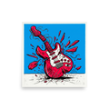 'Guitar Smash' — a Pop art print. A dynamic pop art illustration of a red electric guitar shattering against the ground on a bright blue background, perfect for a game room.