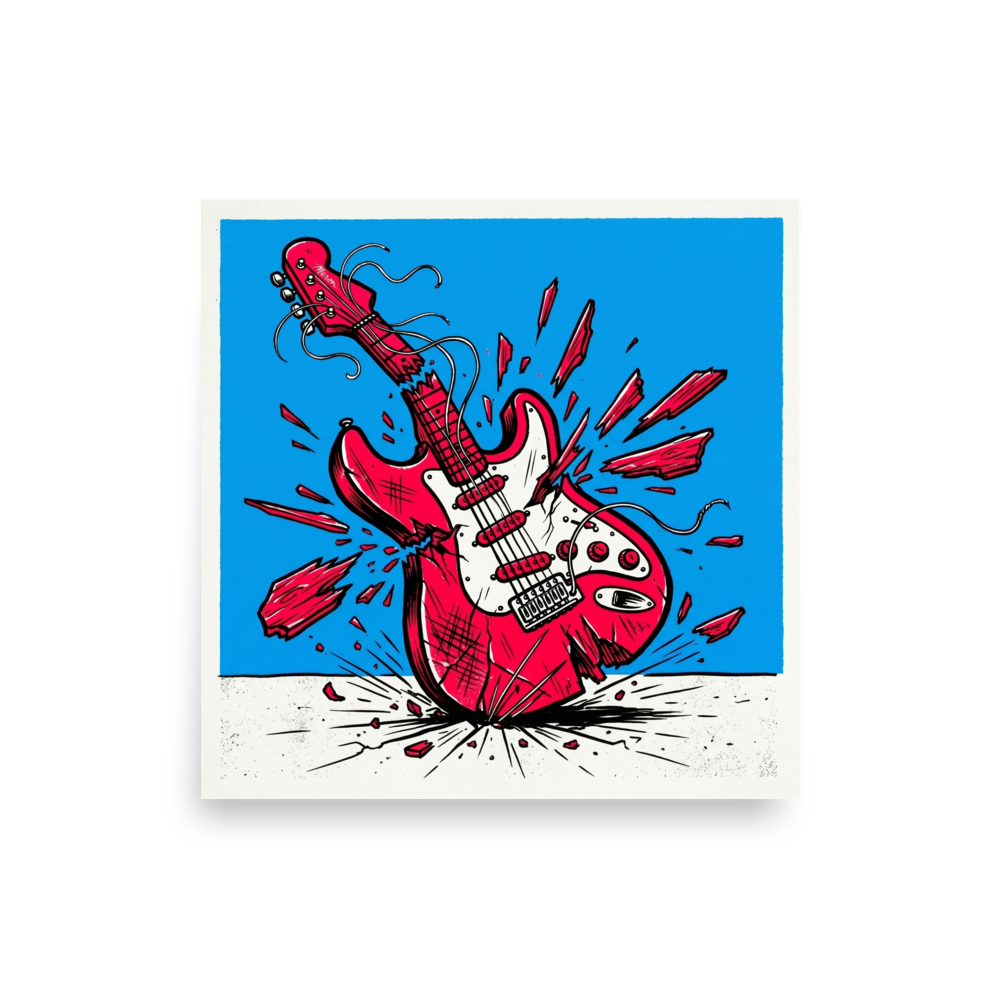 'Guitar Smash' — a Pop art print. A dynamic pop art illustration of a red electric guitar shattering against the ground on a bright blue background, perfect for a game room.