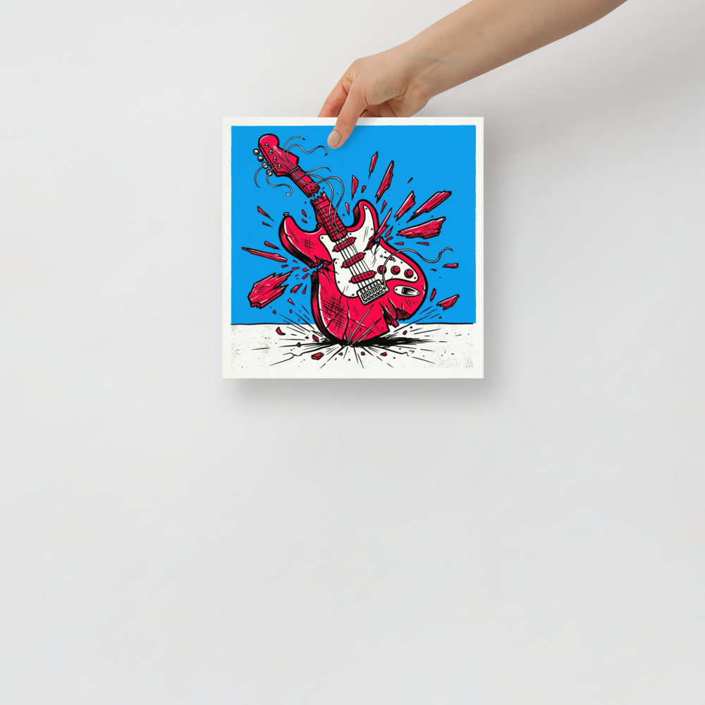 'Guitar Smash' — a Pop art print. A dynamic pop art illustration of a red electric guitar shattering against the ground on a bright blue background, perfect for a game room.
