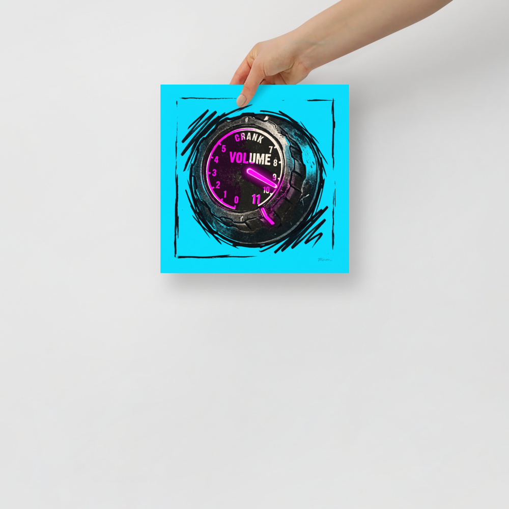 'Crank to Eleven' — a Pop art print. An edgy pop art illustration of a glowing pink volume knob cranked to eleven against a cyan background, perfect for a music studio.