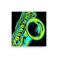 'Neon Rhythms' — a Pop art print. A vibrant neon green and cyan pop art illustration of a saxophone against a black background, perfect for a lively home bar or game room.