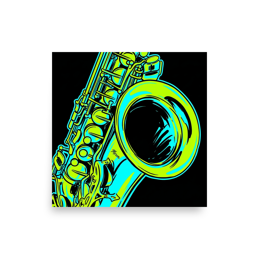 'Neon Rhythms' — a Pop art print. A vibrant neon green and cyan pop art illustration of a saxophone against a black background, perfect for a lively home bar or game room.