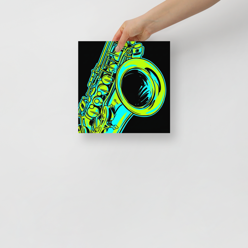 'Neon Rhythms' — a Pop art print. A vibrant neon green and cyan pop art illustration of a saxophone against a black background, perfect for a lively home bar or game room.