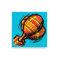 'Scribbled Ascent' — a Pop art print. A vibrant pop art style illustration of a red and yellow hot air balloon covered in sketchy black lines against a bright cyan background, perfect for an eclectic living room.