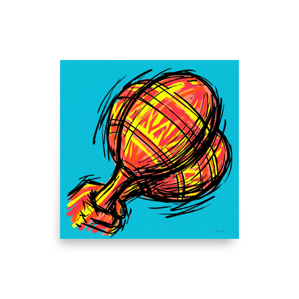 'Scribbled Ascent' — a Pop art print. A vibrant pop art style illustration of a red and yellow hot air balloon covered in sketchy black lines against a bright cyan background, perfect for an eclectic living room.