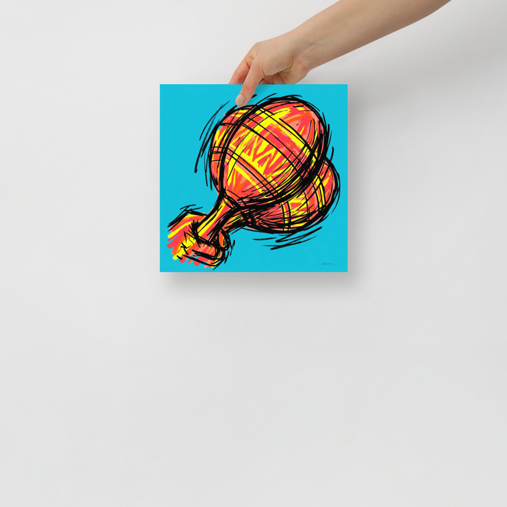 'Scribbled Ascent' — a Pop art print. A vibrant pop art style illustration of a red and yellow hot air balloon covered in sketchy black lines against a bright cyan background, perfect for an eclectic living room.