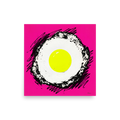 'Sunny Side Pop' — a Pop art print. A vibrant pop art illustration of a fried egg with a bright yellow yolk and sketchy black outlines, set against a solid hot pink background, perfect for a modern kitchen.