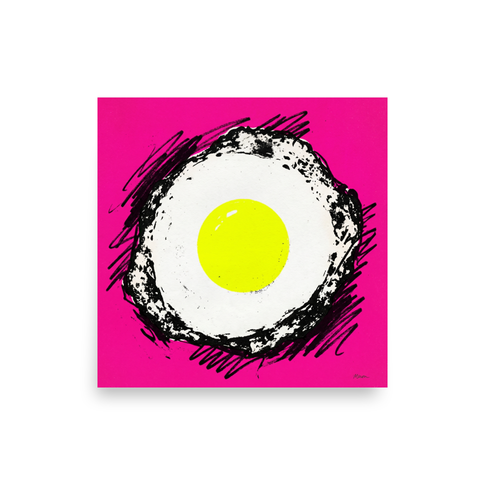 'Sunny Side Pop' — a Pop art print. A vibrant pop art illustration of a fried egg with a bright yellow yolk and sketchy black outlines, set against a solid hot pink background, perfect for a modern kitchen.
