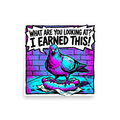 'The Victorious Pigeon' — a Pop art print. A vibrant pop art comic illustration of a pigeon standing on a hot dog with a speech bubble saying 'WHAT ARE YOU LOOKING AT? I EARNED THIS!' in bright magenta and cyan.