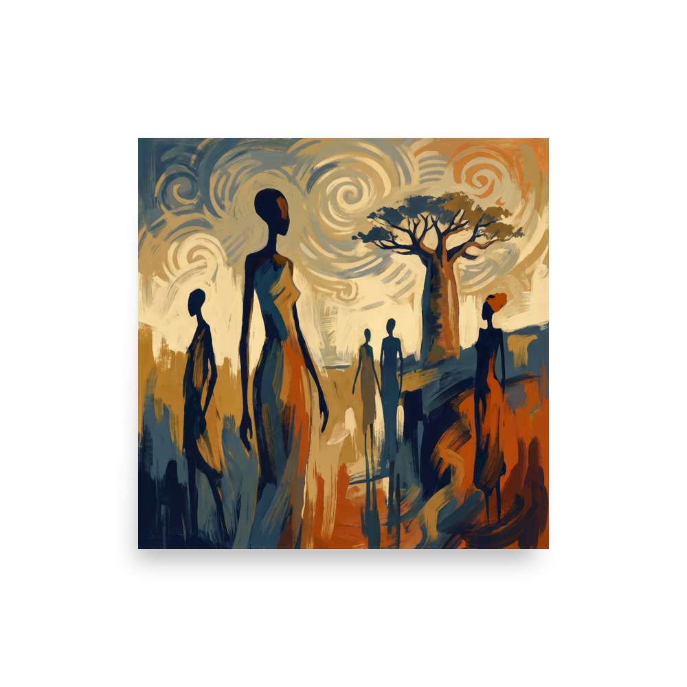 'Savanna Rhythms' — a Post-Impressionism,Expressionism print. An expressive oil painting of elongated African silhouettes walking near a baobab tree under a swirling sky, making captivating living room or bedroom wall art.