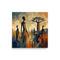 'Savanna Rhythms' — a Post-Impressionism,Expressionism print. An expressive oil painting of elongated African silhouettes walking near a baobab tree under a swirling sky, making captivating living room or bedroom wall art.
