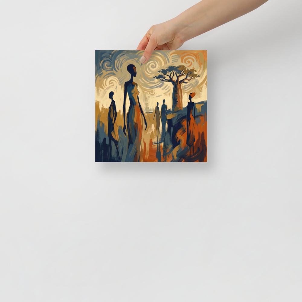 'Savanna Rhythms' — a Post-Impressionism,Expressionism print. An expressive oil painting of elongated African silhouettes walking near a baobab tree under a swirling sky, making captivating living room or bedroom wall art.
