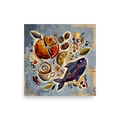 'Surrealist Feast' by Meron. A vibrant surrealist collage featuring a patterned purple fish, sliced citrus, coffee beans, and a splashing espresso cup on textured blue paper, ideal for a creative dining room or kitchen. A Dau-al-Set wall art print.