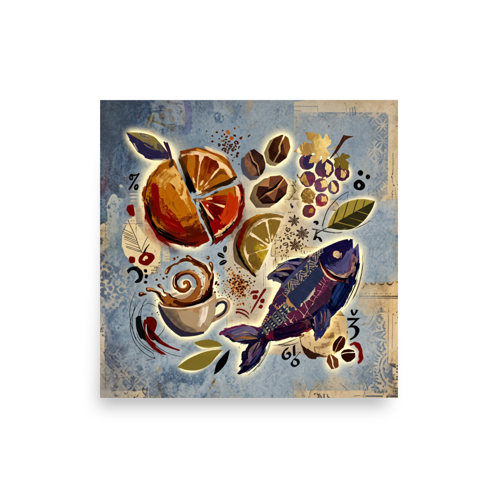 'Surrealist Feast' by Meron. A vibrant surrealist collage featuring a patterned purple fish, sliced citrus, coffee beans, and a splashing espresso cup on textured blue paper, ideal for a creative dining room or kitchen. A Dau-al-Set wall art print.