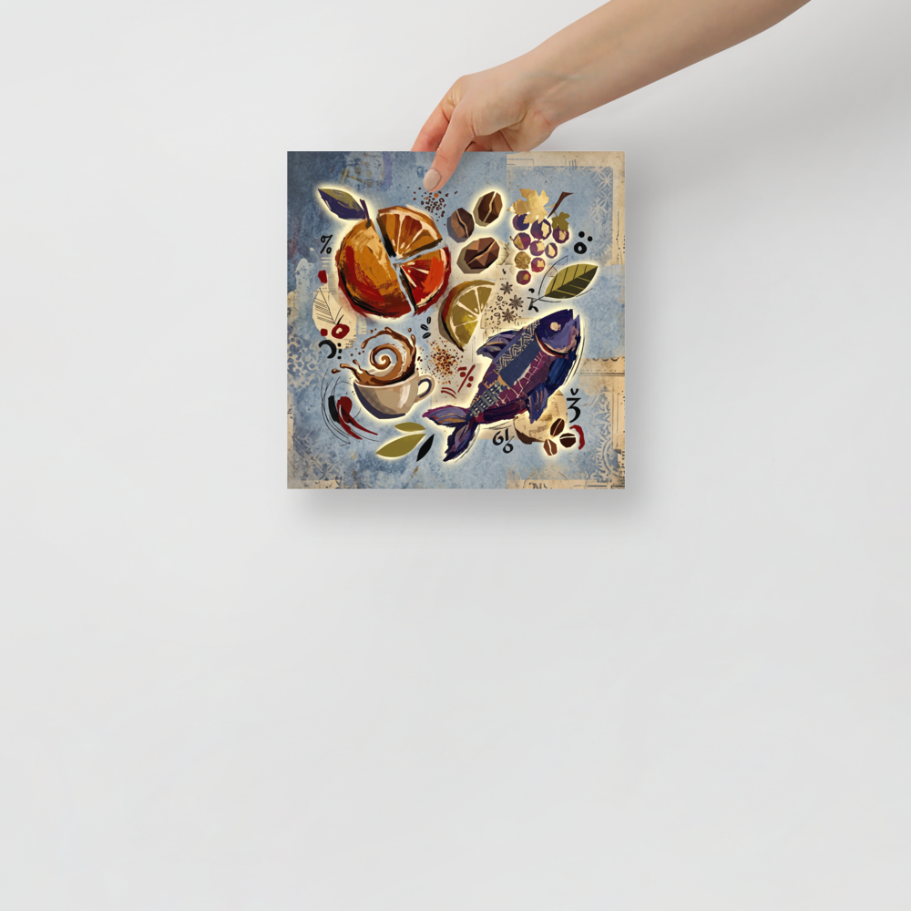 A vibrant surrealist collage featuring a patterned purple fish, sliced citrus, coffee beans, and a splashing espresso cup on textured blue paper, ideal for a creative dining room or kitchen. A Dau-al-Set art print titled 'Surrealist Feast'.