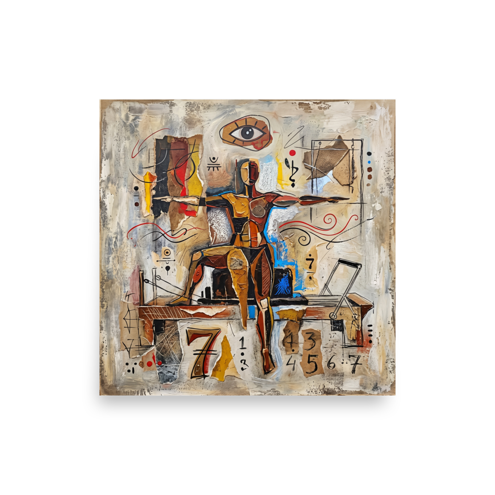 A textured surrealist collage featuring a balanced human figure beneath a stylized all-seeing eye and cryptic numbers, making a captivating focal point for a study or living room. A Dau-al-Set art print titled 'The Seventh Equilibrium'.
