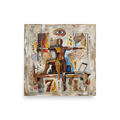 A textured surrealist collage featuring a balanced human figure beneath a stylized all-seeing eye and cryptic numbers, making a captivating focal point for a study or living room. A Dau-al-Set art print titled 'The Seventh Equilibrium'.