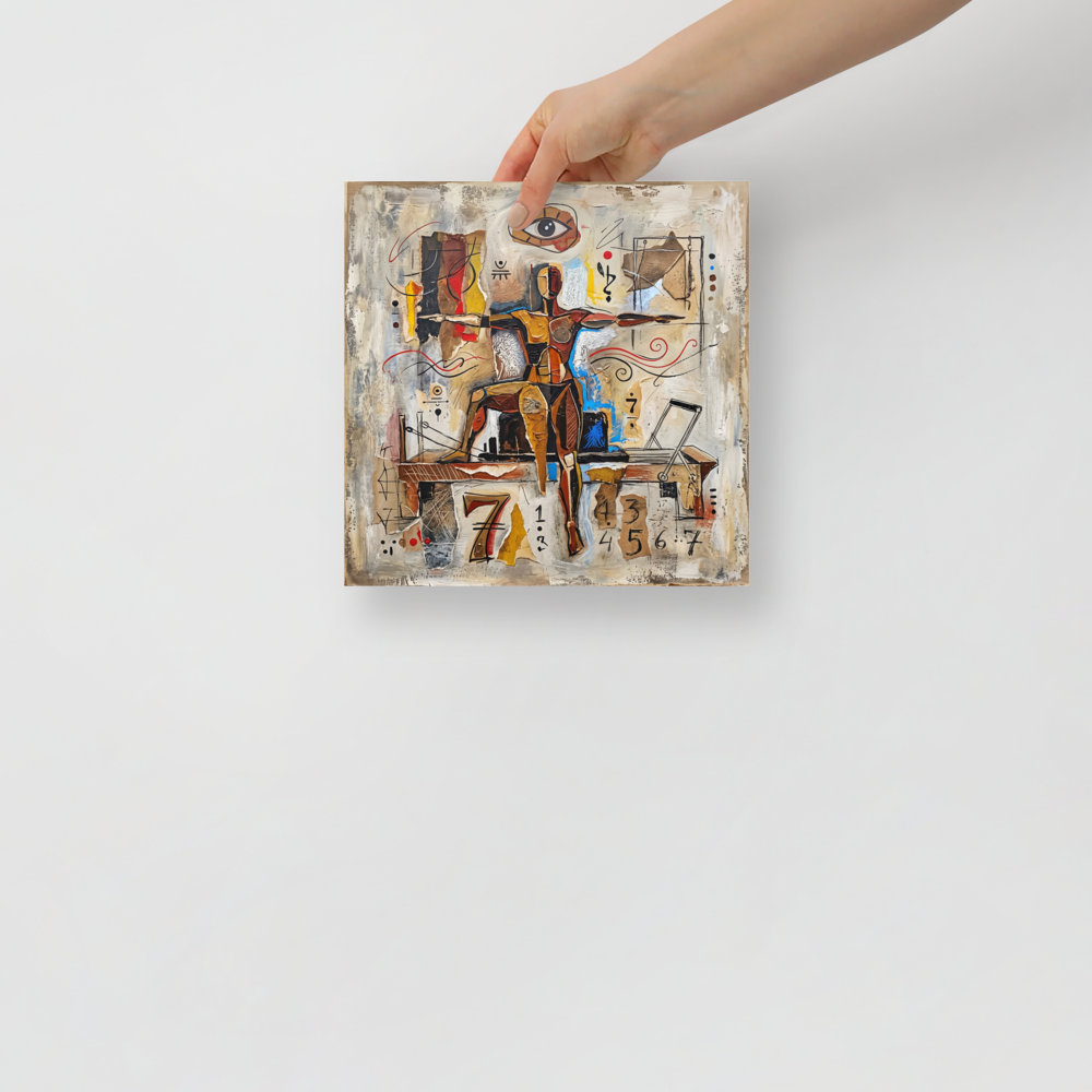 'The Seventh Equilibrium', part of Meron's Dau-al-Set wall art. A textured surrealist collage featuring a balanced human figure beneath a stylized all-seeing eye and cryptic numbers, making a captivating focal point for a study or living room.