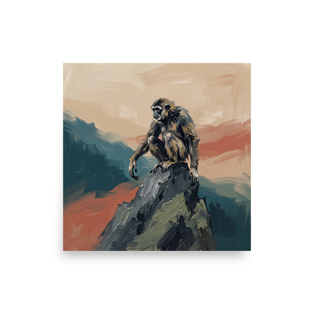 A admiration / absorbing Expressionism print, 'Sun Wukong on the Peak'. Expressive oil painting of Sun Wukong the Monkey King sitting atop a mountain peak in teal and terracotta tones for an office wall.