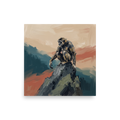 A admiration / absorbing Expressionism print, 'Sun Wukong on the Peak'. Expressive oil painting of Sun Wukong the Monkey King sitting atop a mountain peak in teal and terracotta tones for an office wall.