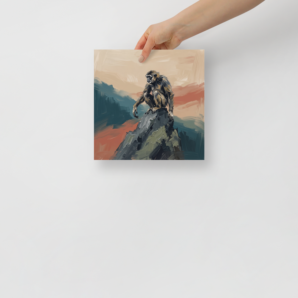 Expressive oil painting of Sun Wukong the Monkey King sitting atop a mountain peak in teal and terracotta tones for an office wall. 'Sun Wukong on the Peak', a Expressionism print for the wall.