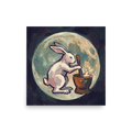 'Alchemist Moon Rabbit', a Folk art wall art print. Whimsical painterly print of the Moon Rabbit pounding elixir before a full moon, ideal for a bedroom wall.