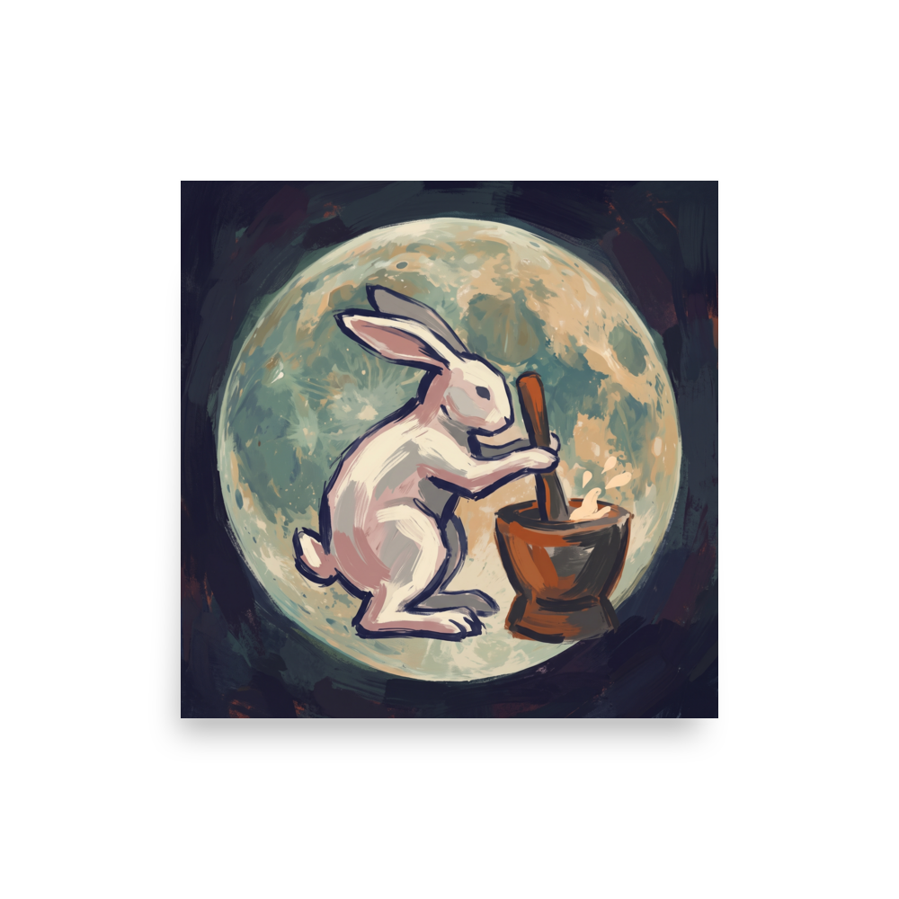 'Alchemist Moon Rabbit', a Folk art wall art print. Whimsical painterly print of the Moon Rabbit pounding elixir before a full moon, ideal for a bedroom wall.