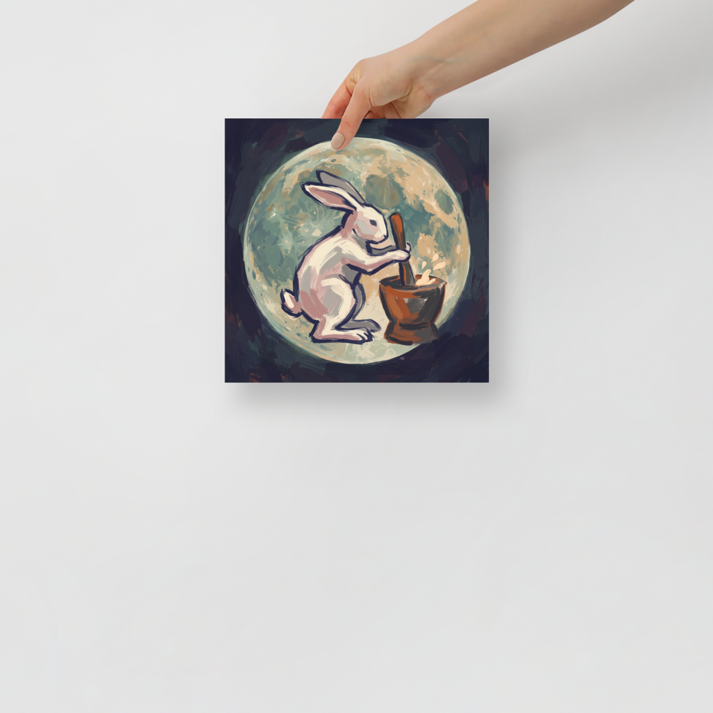 Folk art wall art for the bedroom, 'Alchemist Moon Rabbit'. Whimsical painterly print of the Moon Rabbit pounding elixir before a full moon, ideal for a bedroom wall.