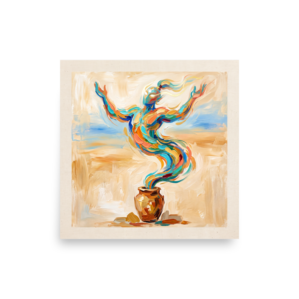 Vibrant impasto painting of a magical genie emerging from a clay vessel with outstretched arms, perfect wall art for a living room. A Expressionism art print titled 'Rise of the Djinn'.