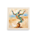 Vibrant impasto painting of a magical genie emerging from a clay vessel with outstretched arms, perfect wall art for a living room. A Expressionism art print titled 'Rise of the Djinn'.