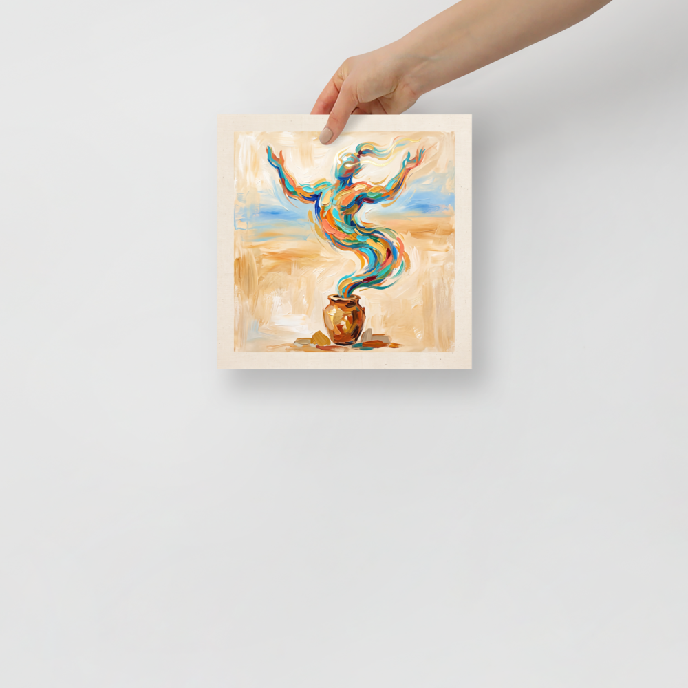 Vibrant impasto painting of a magical genie emerging from a clay vessel with outstretched arms, perfect wall art for a living room. A Expressionism art print titled 'Rise of the Djinn'.