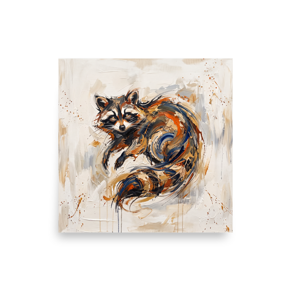 'Azeban the Mischievous', Expressionism wall art in chocolate and slate gray. Expressive impasto oil painting of Azeban raccoon spirit in rust orange and slate blue tones for a living room wall.