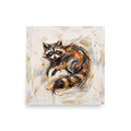 'Azeban the Mischievous', Expressionism wall art in chocolate and slate gray. Expressive impasto oil painting of Azeban raccoon spirit in rust orange and slate blue tones for a living room wall.