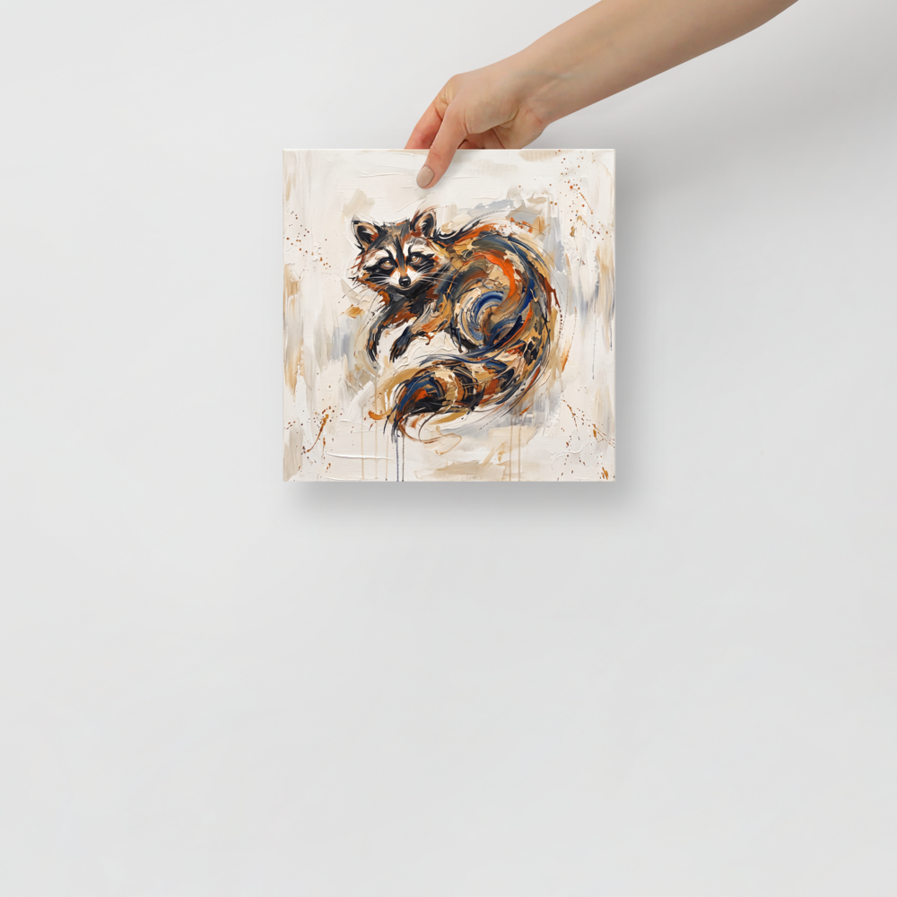 'Azeban the Mischievous'. Expressive impasto oil painting of Azeban raccoon spirit in rust orange and slate blue tones for a living room wall. Offered as a Expressionism print.