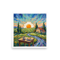 'Sunny Side Up Sunrise', a Post-Impressionism wall art print. Vibrant Post-Impressionist impasto painting of a fried egg sunrise over rolling hills for kitchen wall art.