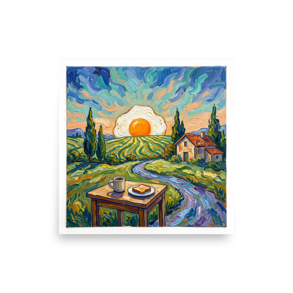 'Sunny Side Up Sunrise', a Post-Impressionism wall art print. Vibrant Post-Impressionist impasto painting of a fried egg sunrise over rolling hills for kitchen wall art.