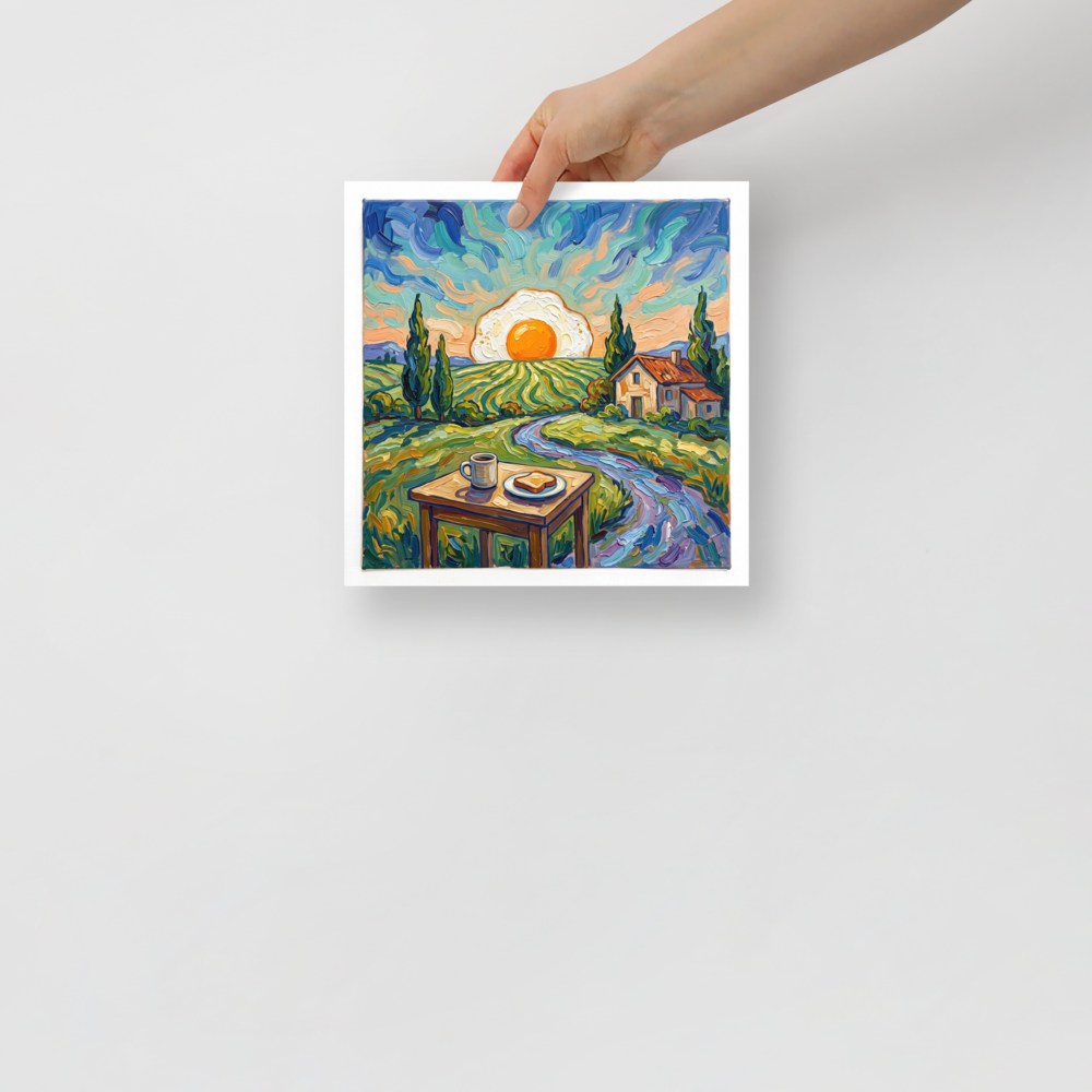 Vibrant Post-Impressionist impasto painting of a fried egg sunrise over rolling hills for kitchen wall art. Available as the Post-Impressionism art print 'Sunny Side Up Sunrise'.