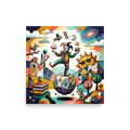 A cheerful jester balances on a giant floating die while juggling whimsical objects like a top-hatted fish and a toy train, creating a joyful centerpiece for a playroom. A Dau-al-Set print in orange and royal blue, 'The Cosmic Juggler'.