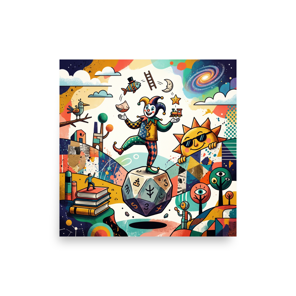 A cheerful jester balances on a giant floating die while juggling whimsical objects like a top-hatted fish and a toy train, creating a joyful centerpiece for a playroom. A Dau-al-Set print in orange and royal blue, 'The Cosmic Juggler'.