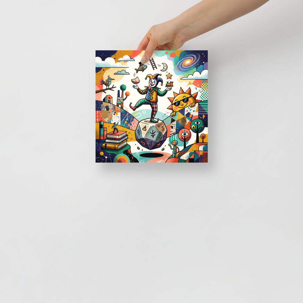 A cheerful jester balances on a giant floating die while juggling whimsical objects like a top-hatted fish and a toy train, creating a joyful centerpiece for a playroom. A Dau-al-Set print with a digital art look, titled 'The Cosmic Juggler'.