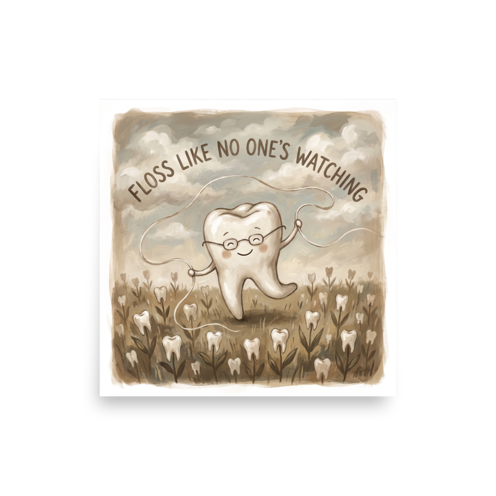 A whimsical sepia painting of a happy tooth dancing with dental floss in a meadow, perfect for bathroom wall art. 'Floss Like No One's Watching', a Digital art print for the wall.