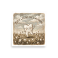 A whimsical sepia painting of a happy tooth dancing with dental floss in a meadow, perfect for bathroom wall art. 'Floss Like No One's Watching', a Digital art print for the wall.