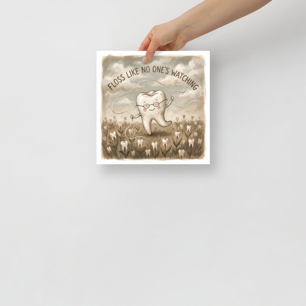 'Floss Like No One's Watching', part of Meron's Digital art wall art. A whimsical sepia painting of a happy tooth dancing with dental floss in a meadow, perfect for bathroom wall art.