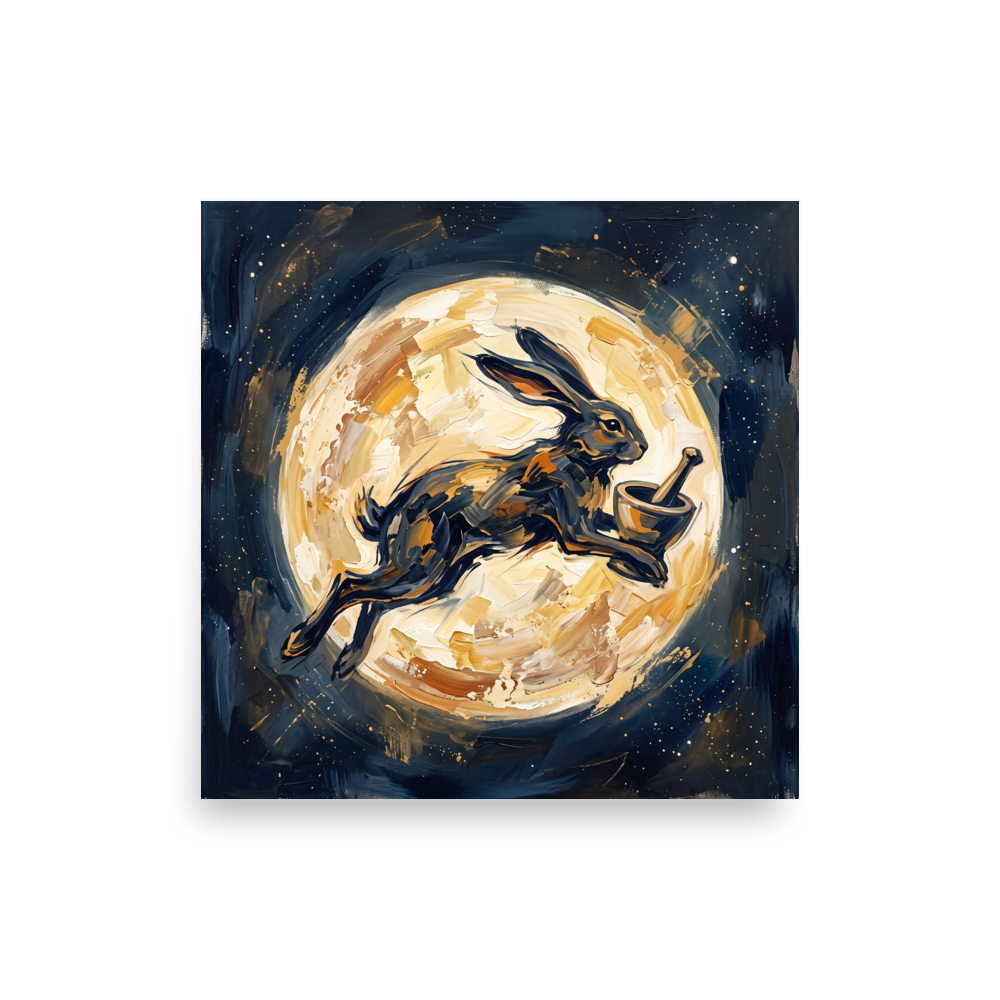 Rich impasto oil painting of a dark lunar hare leaping across a golden moon, suited for a living room wall. Available as the Expressionism art print 'Celestial Hare'.