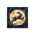 Rich impasto oil painting of a dark lunar hare leaping across a golden moon, suited for a living room wall. Available as the Expressionism art print 'Celestial Hare'.