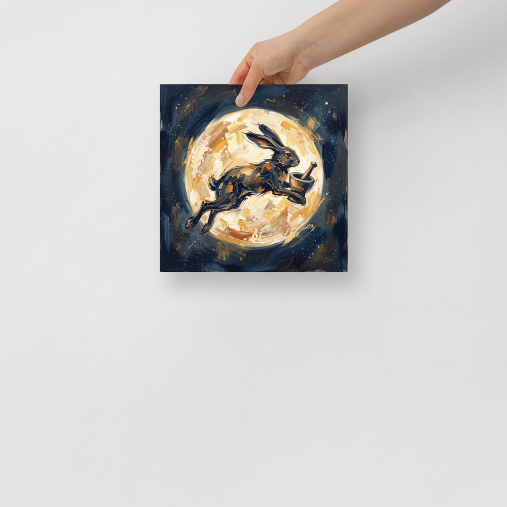 'Celestial Hare' by Meron. Rich impasto oil painting of a dark lunar hare leaping across a golden moon, suited for a living room wall. A Expressionism wall art print.
