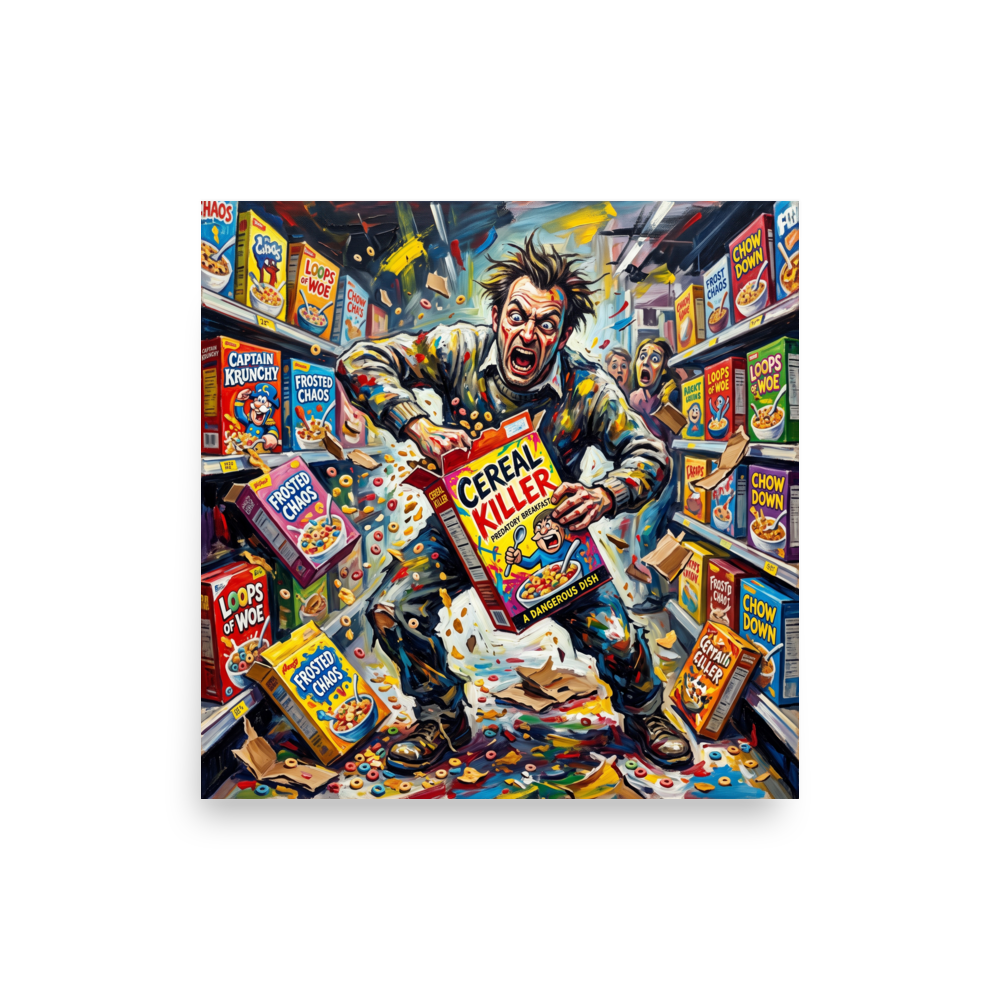 Vibrant expressionist painting of a manic man tearing open cereal boxes in a supermarket aisle for game room wall art. A Expressionism print in red and yellow, 'Cereal Killer'.