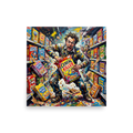 Vibrant expressionist painting of a manic man tearing open cereal boxes in a supermarket aisle for game room wall art. A Expressionism print in red and yellow, 'Cereal Killer'.